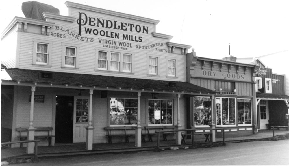 A photo from the Pendleton archives of the Pendleton store in Disneyland: Storefront, the Pendleton Dry Goods Emporium