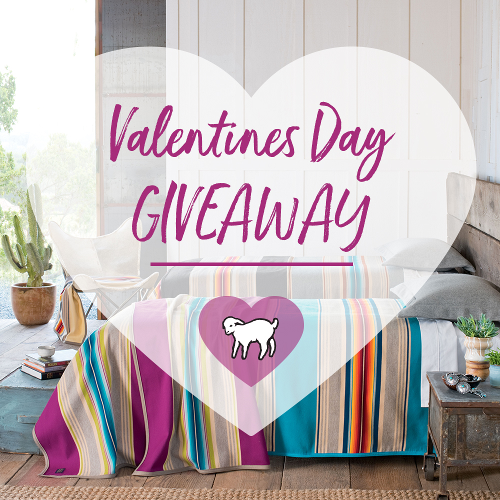 Two twin-sized beds made up with serape blankets. A superimposed heart contains the words "Valentines Day Giveaway."