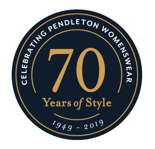 round seal that marks celebration of pendleton womenswear's 70th anniversay, includes "celebrating pendleton womenswear 70 years of style - 1949 - 2019