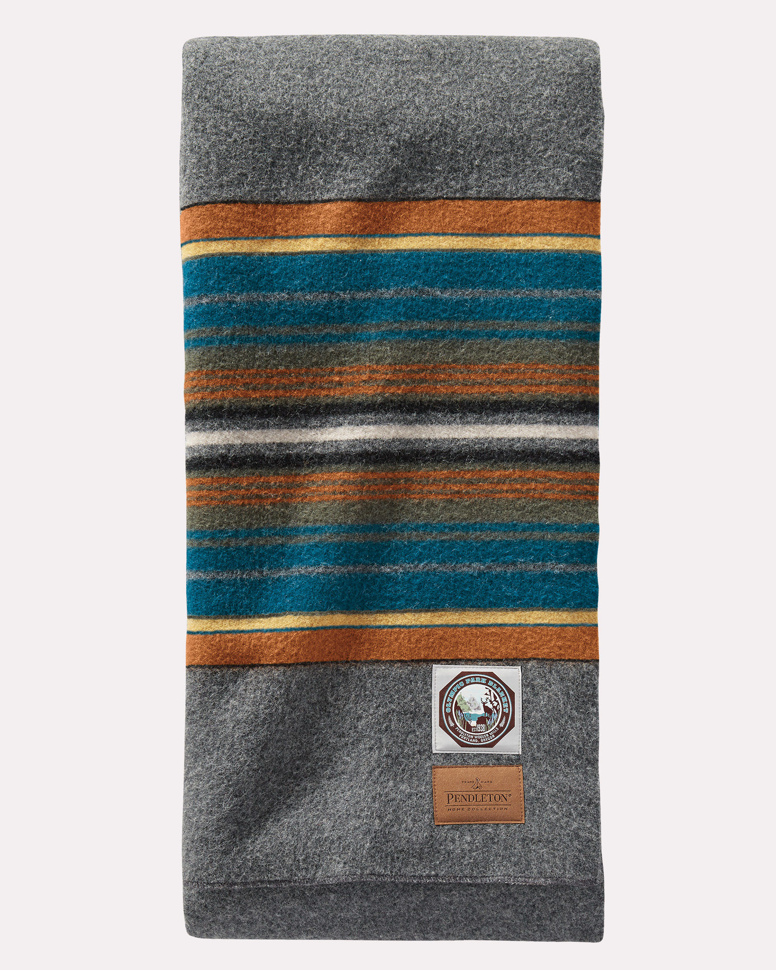 The Pendleton Olympic National Park Blanket, folded so that the blanket label shows.