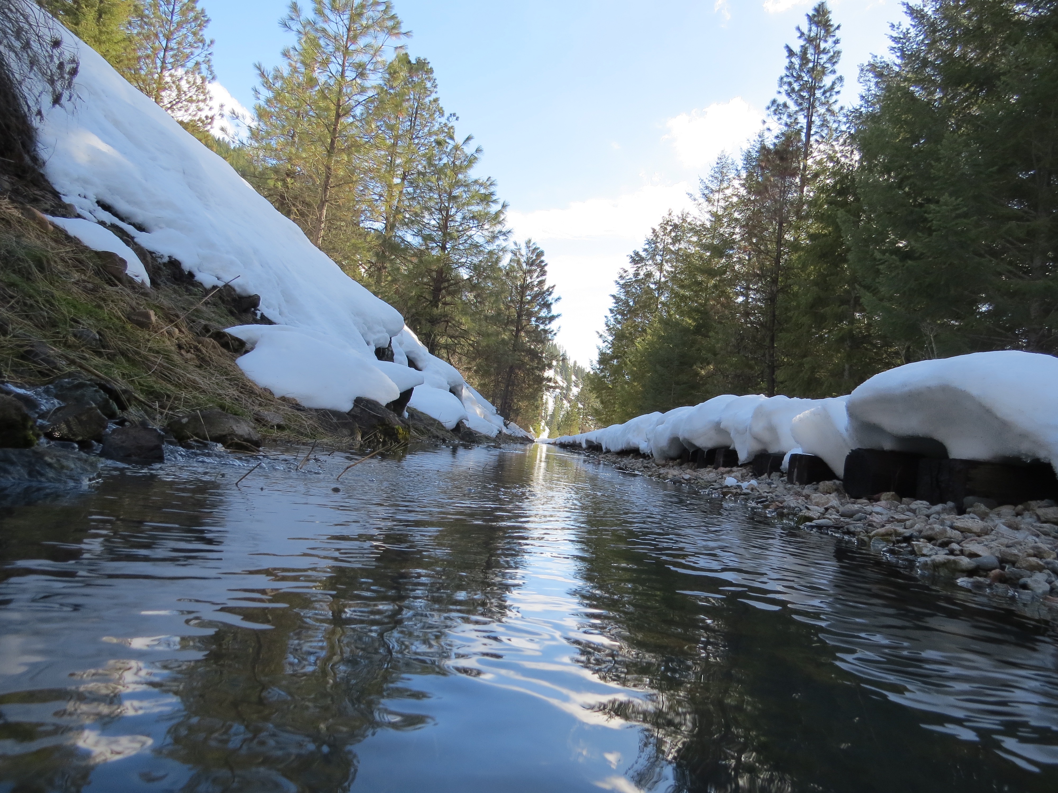 Snowy riverbanks, and a cold river.