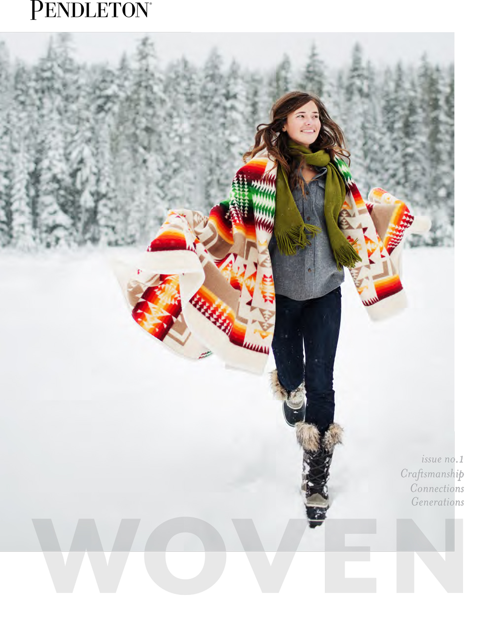 cover of WOVEN, a woman runs in the snow