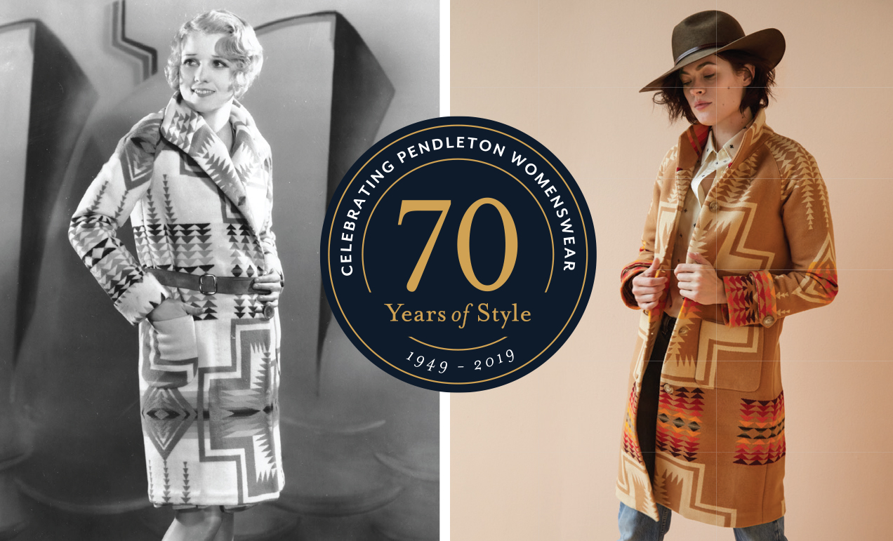 two women wearing Pendleton blanket coats - to left, actress Anita Page, to right, brunette model wearing hat, jeans, Pendleton blanket coat