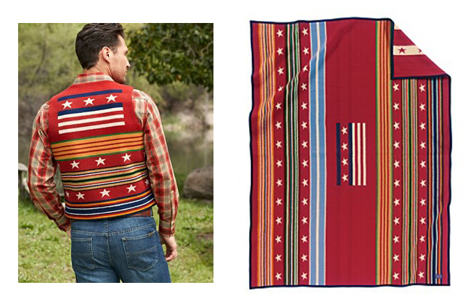 A side by side view of the Pendleton Grateful Nation vest, and the Pendleton Grateful Nation blanket.