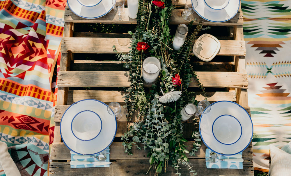 A picnic set up on Pendleton blankets