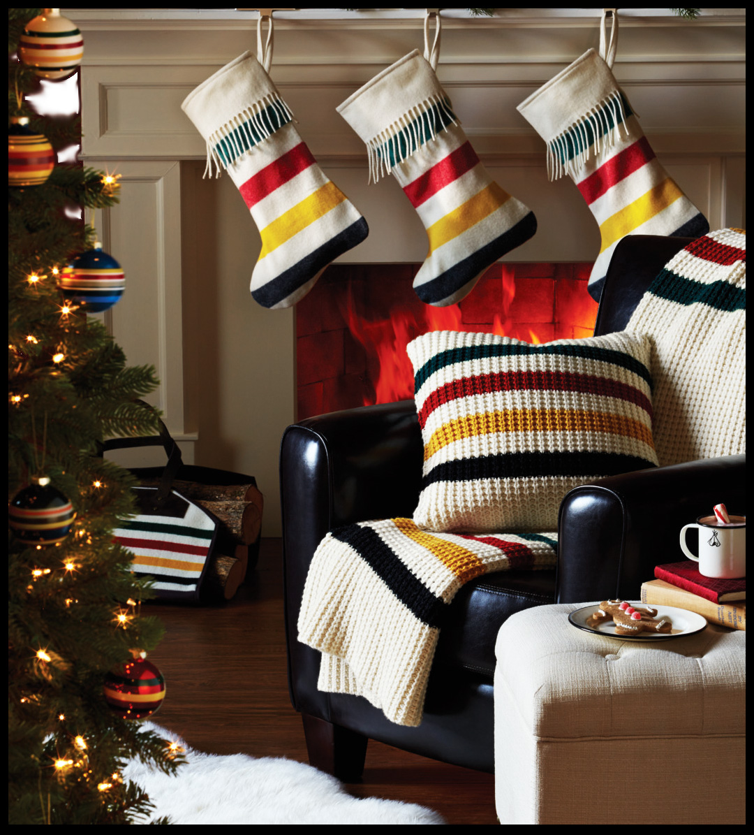 Pendleton Glacier National Park stripe Christmas goods by a fireplace