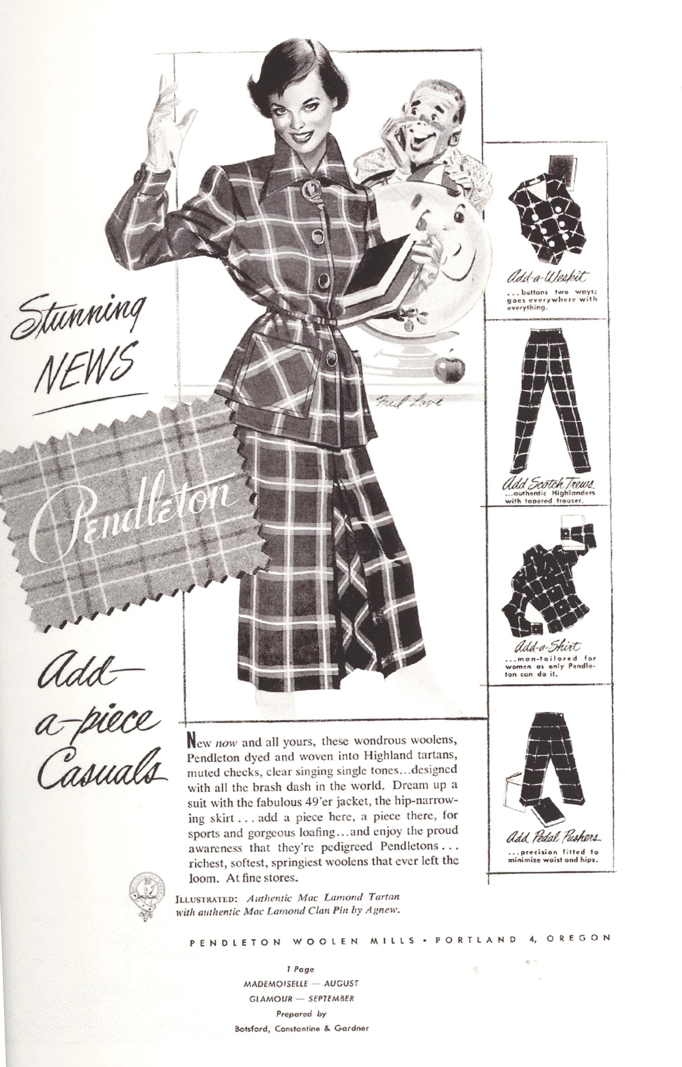 The first Pendleton ad for Womenswear featured a drawing of a "college coed" in her Pendleton plaid pieces, with the caption, "Stunning News - Pendleton Add-a-piece Casuals."