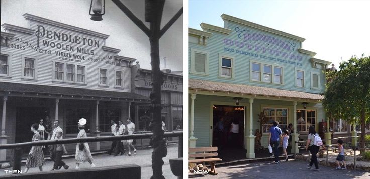 A side-by-side collage of two shots of the building that housed the Pendleton store in Frontierland - one from the 1950s, when it was still Pendleton's, and one that shows its conversion to "Bonanza Outfitters."